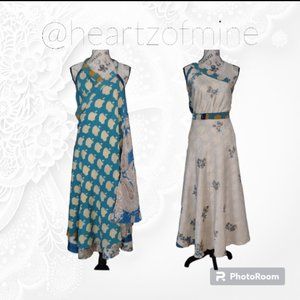 #7958 Indian Wrap Boho Vintage Silk Sari Reversible Maxi Skirt Women's Free Size